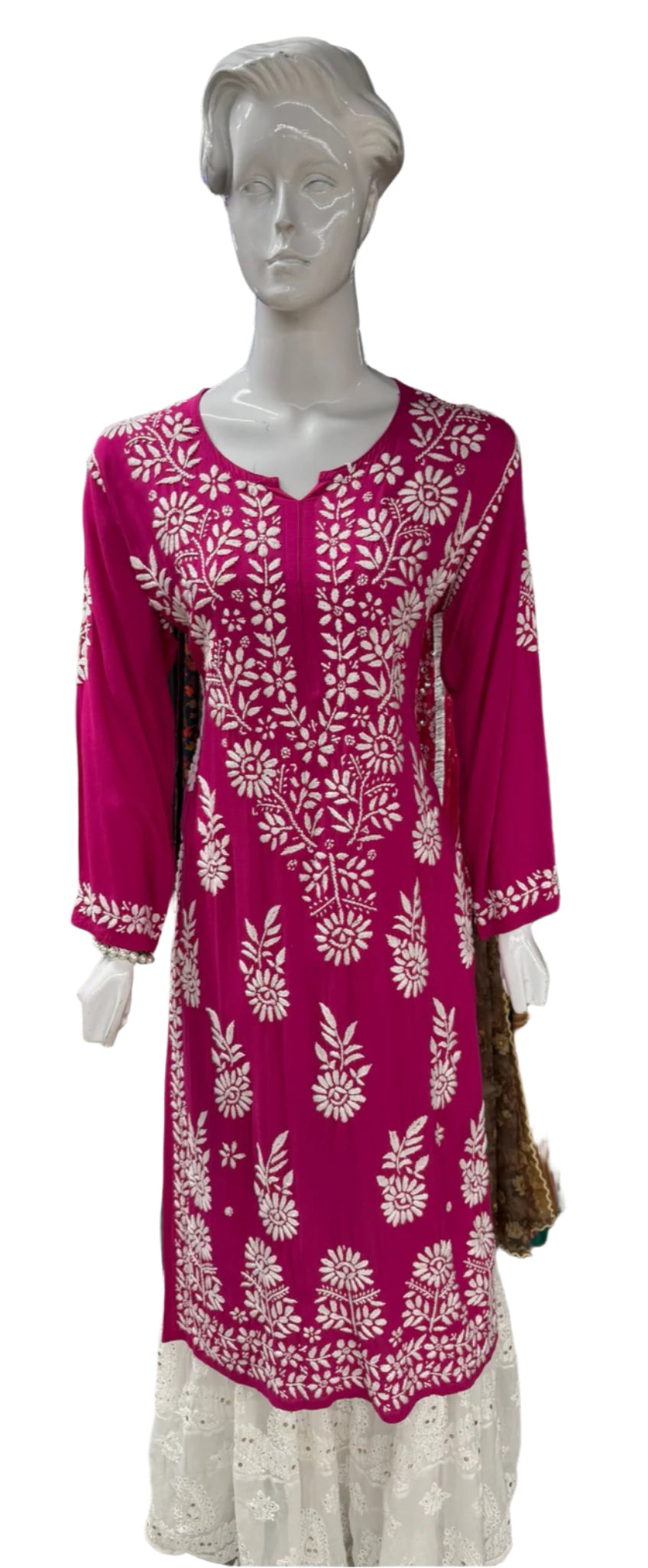 Chikankari Kurti Leaf Floral Border Magenta Close