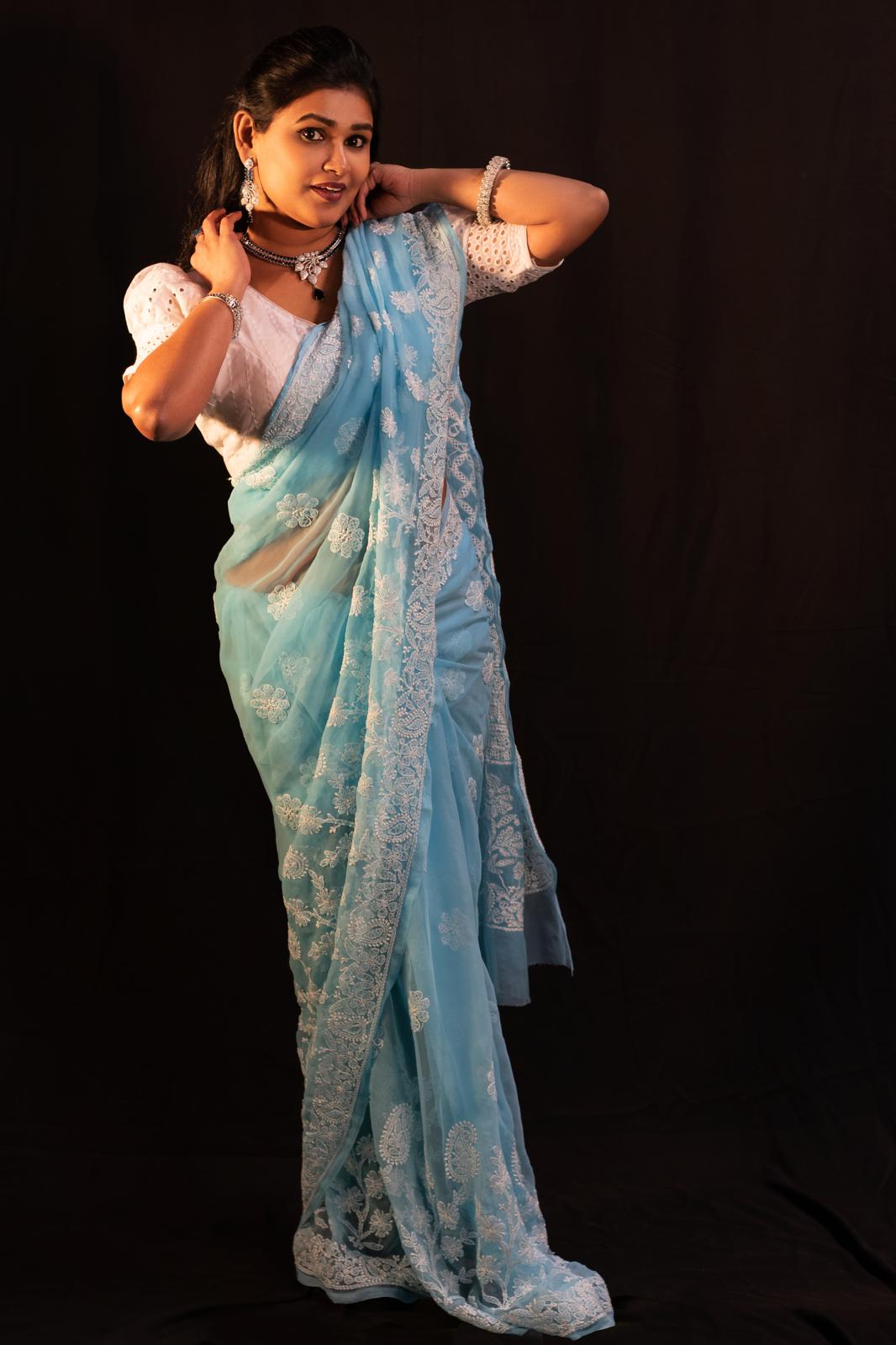 Full Jaal Chikankari Georgette Saree with Palla Keel Jaal Work – Elegant Ethnic Wear