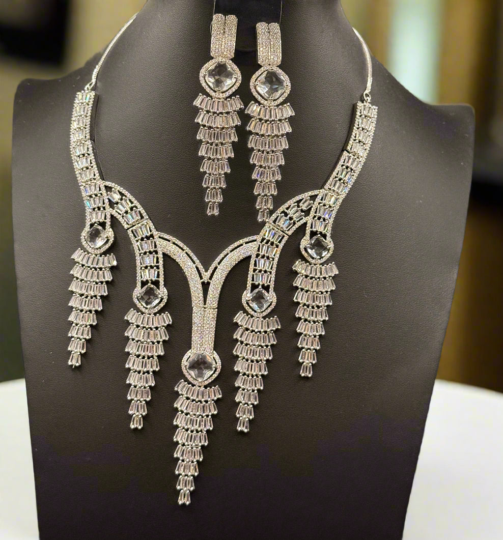 Sparkling Silver Cascade CZ Jewellery Set with Tikka | Famaza Couture