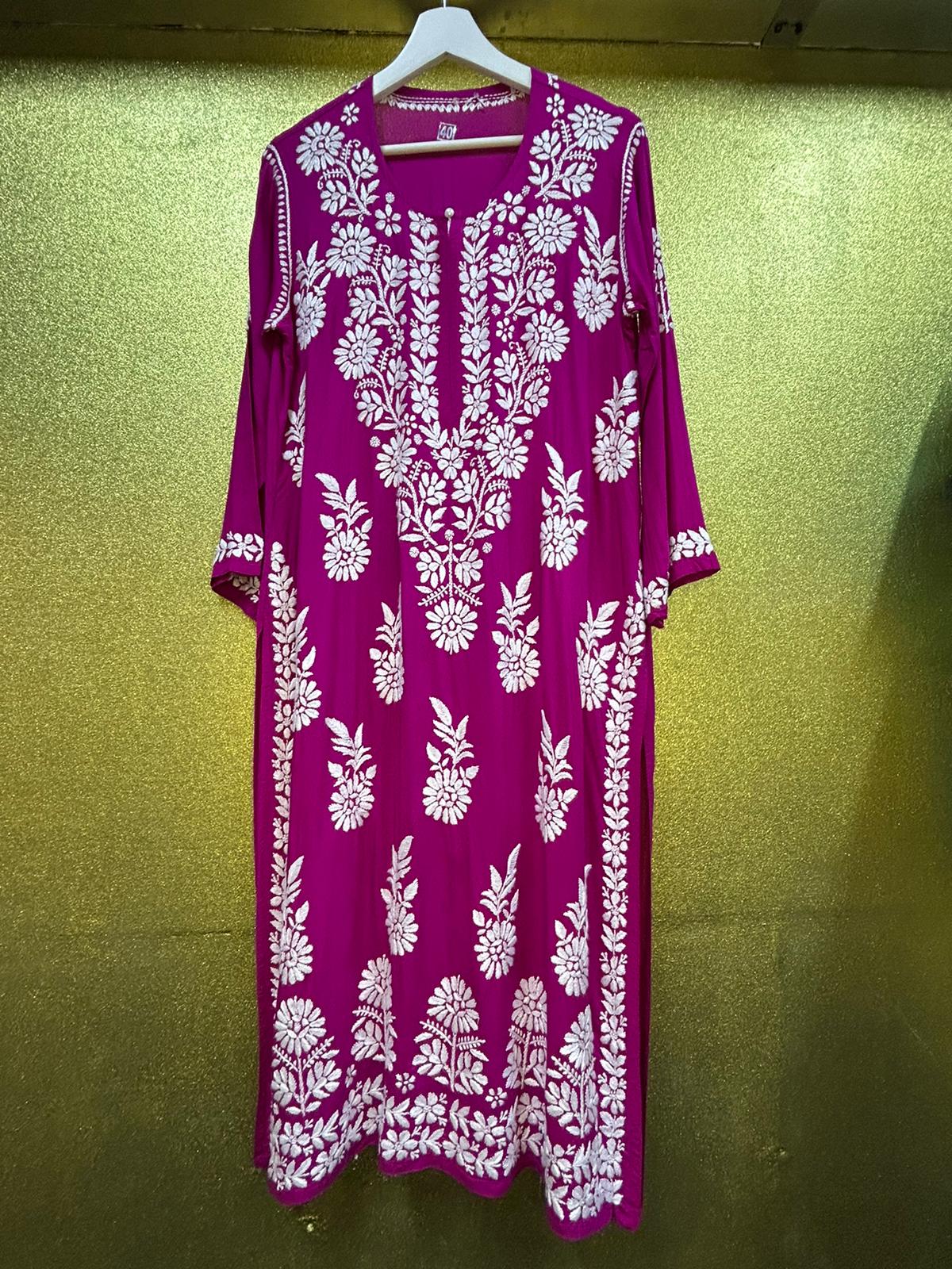 Chikankari Kurti Leaf Floral Border Magenta