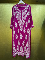 Chikankari Kurti Leaf Floral Border Magenta