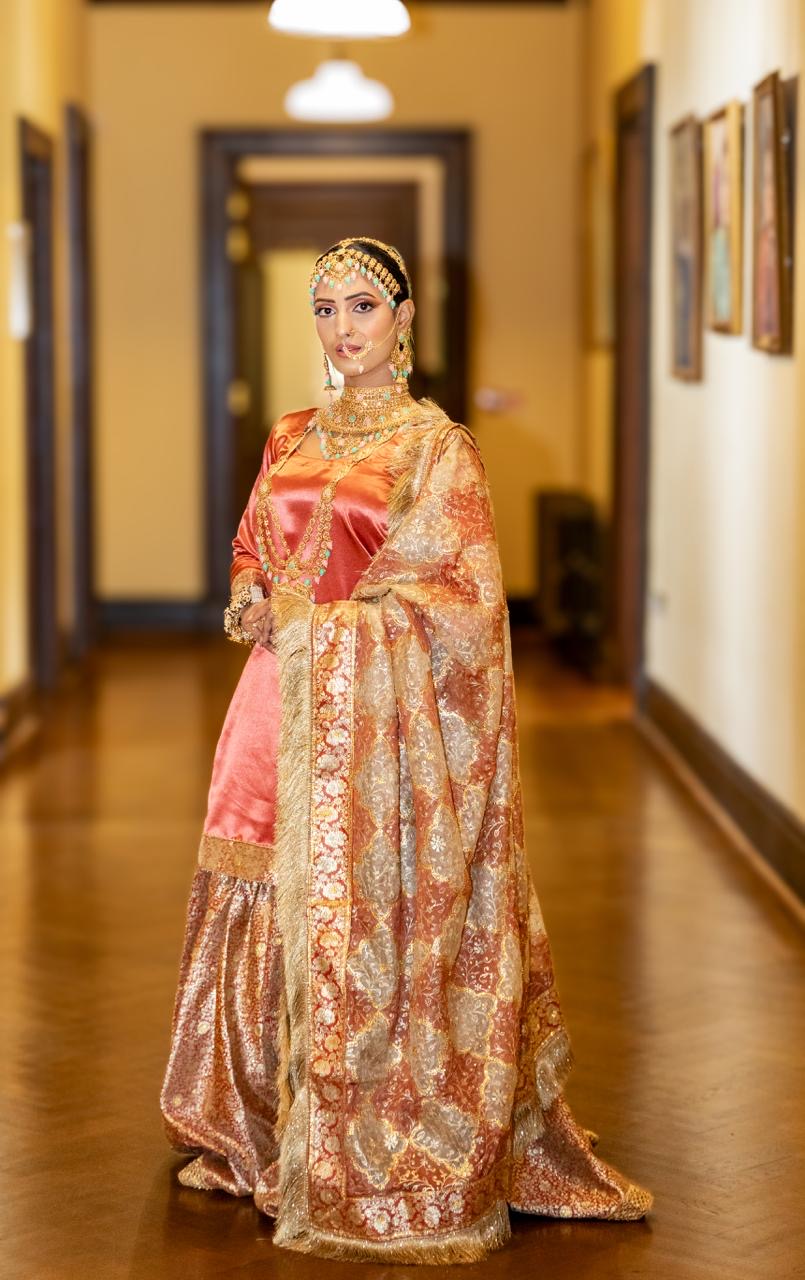 Jahan-Aara Neon Peach Bridal Nikah Dress | Kimkhab Gharara– Formal Wear