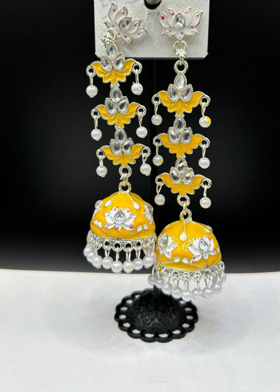 Meenakari Tulip Long Jhumka Earrings | Lightweight Bridal Jewellery – Famaza Couture