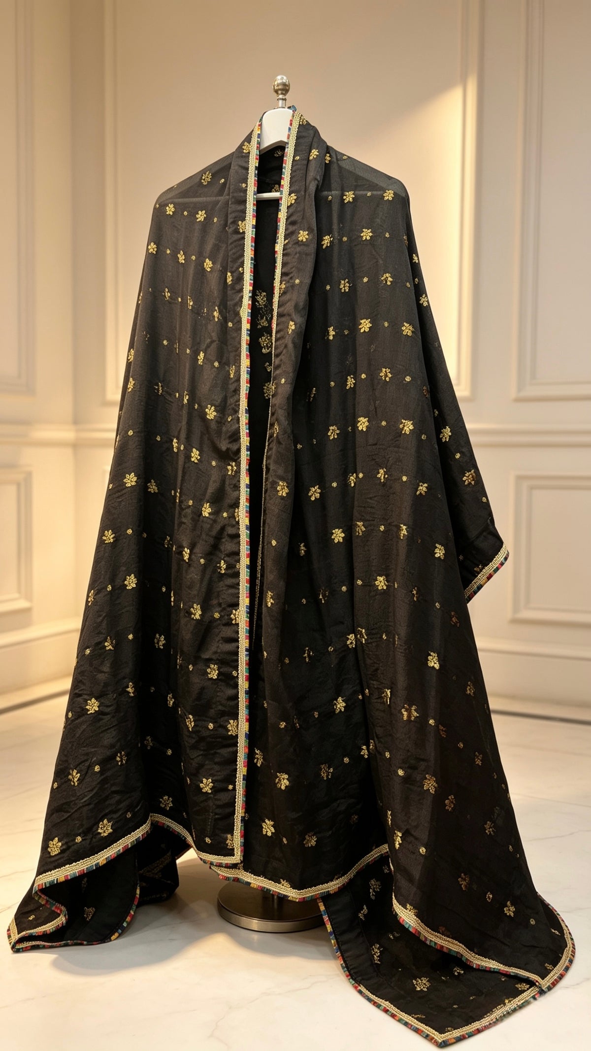 Premium Black Silk Kanni Woven Kurta Set with Banarasi Chiffon Dupatta raw Silk Trousers