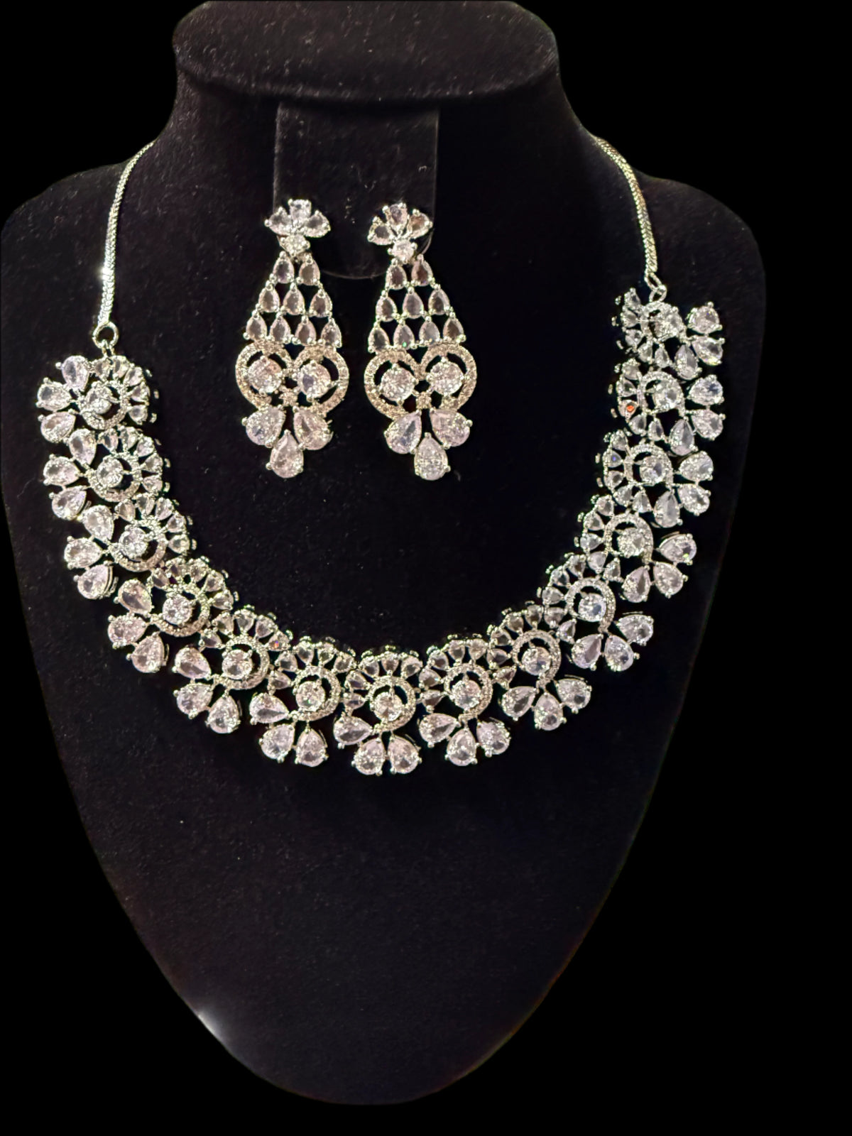 American Diamond Look Necklace Set - Silver Floral Design