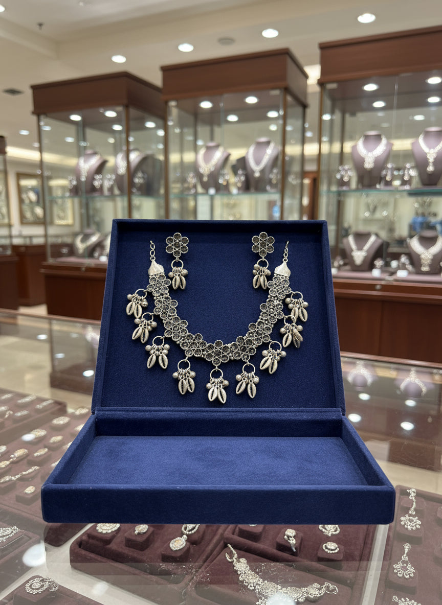 Oxidised Silver Choker & Earrings Set – Hand-crafted Vintage Jewellery by Famaza Couture