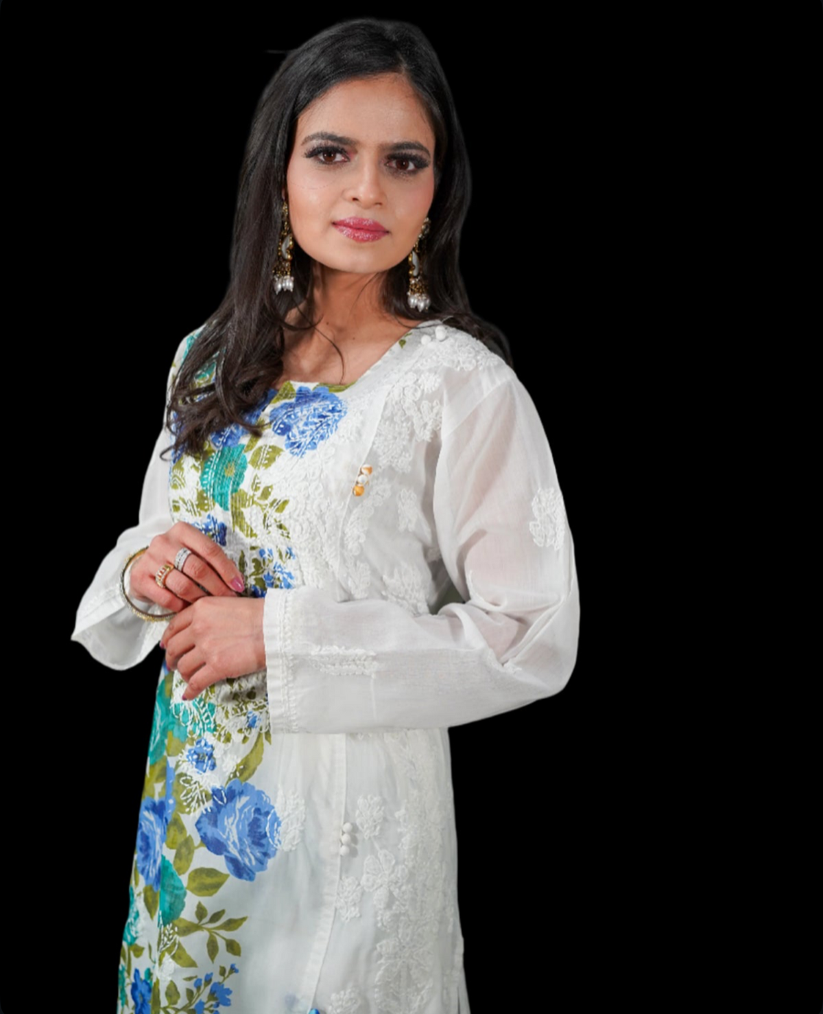 Hand-Painted Floral Chikankari Kurti - Unique Designer Top | Famaza couture
