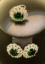 Emerald Green CZ Multi-Layer Necklace, Earring & Ring Set | Silver Tone