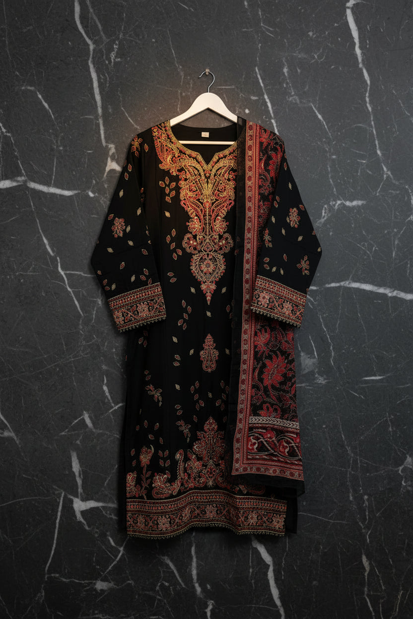 A black embroidered tunic top with red and gold patterns, hanging on a rack between blue and green patterned dresses.