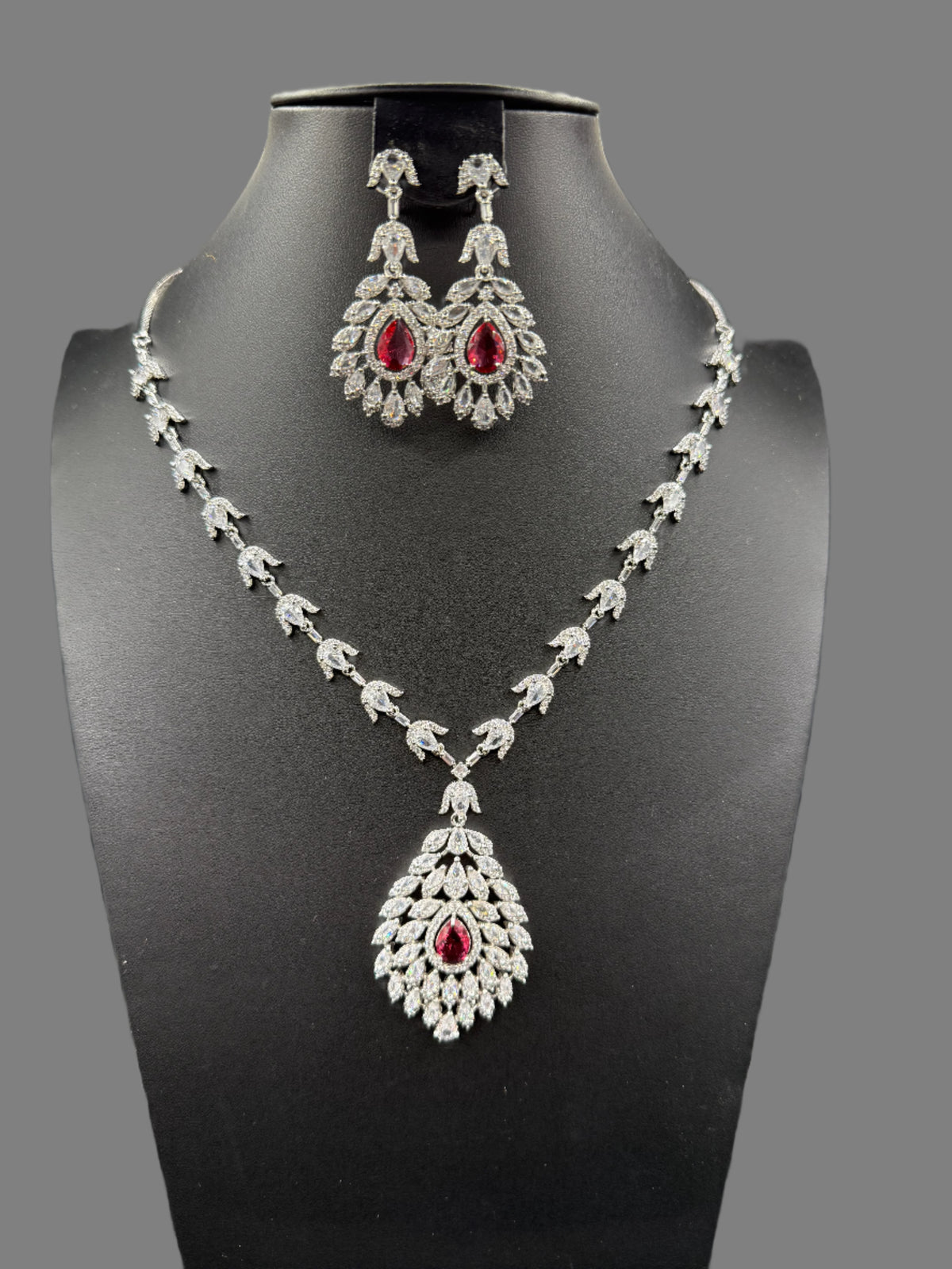 American Diamond & Emerald Necklace Set - Leaf Design | Famaza Couture