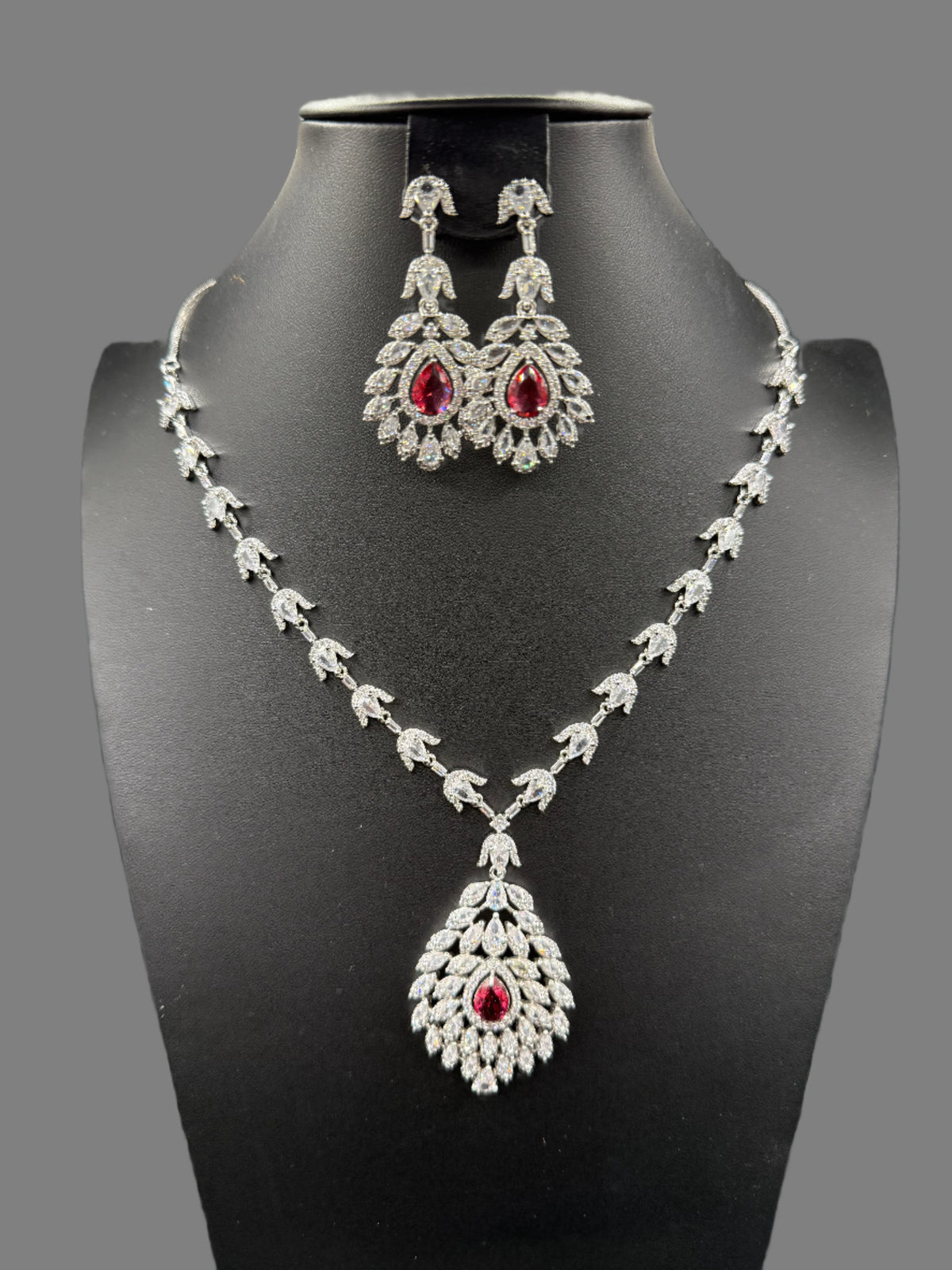 American Diamond & Emerald Necklace Set - Leaf Design | Famaza Couture