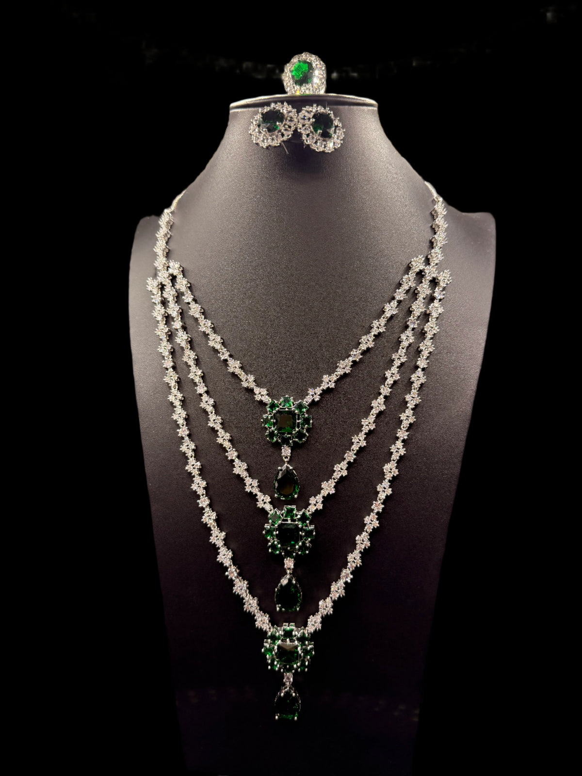 Emerald Green CZ Multi-Layer Necklace, Earring & Ring Set | Silver Tone