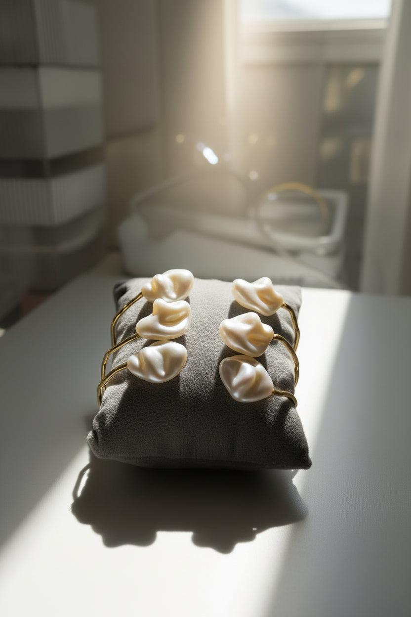 A 14k gold-plated brass cuff with iridescent white Mother of Pearl inlay resting elegantly on a plush velvet jewelry cushion.