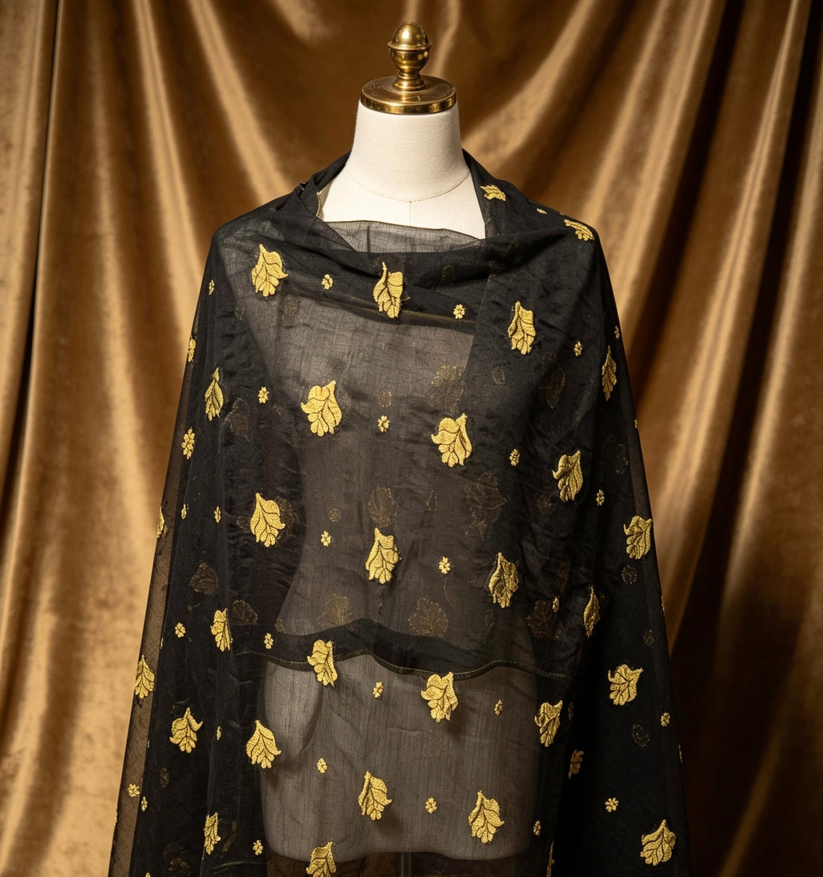 A Black pure banarsi duppata with golden zarri work.