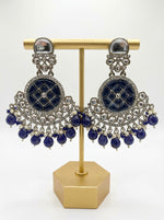 Deep navy blue circular drop earrings with shimmering crystals, perfect for evening festive wear.