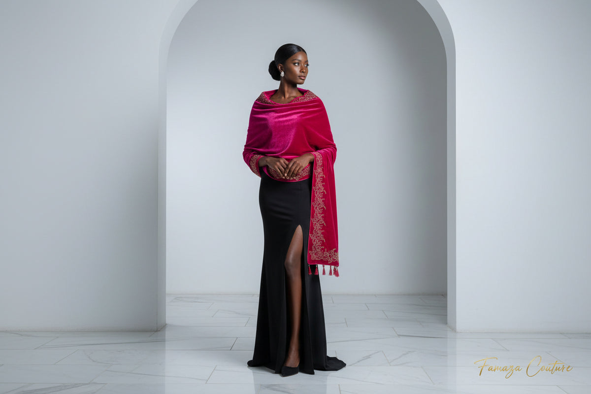 A Hot pink colour velvet fabric shawl with gold colour nano beads embellishments and intricate floral patterns by Famaza Couture