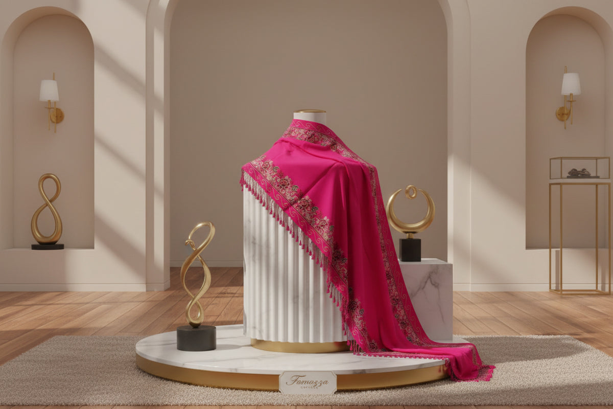 A Hot pink shawl with floral patterns draped over a mannequin next to a black handbag on a small table against a marble wall.
