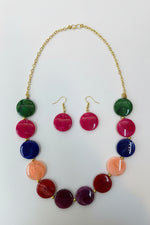 A Vibrant Multicolour Statement Necklace Set – Bold Fashion Jewellery with hot pink dis and golden hook on top part Earrings