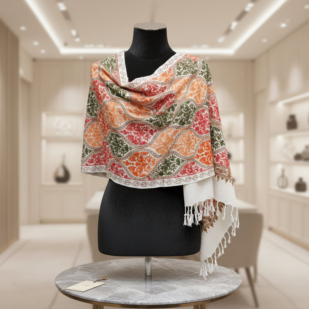 A White base colour Kashmiri embroidered Scarf/shawlwith multi colour machine embroidery by Famaza Couture