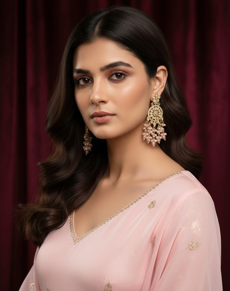 A beautiful model showcasing posh rose gold AD stone earrings in a luxury studio setting, styled with a light pink desi dress for a premium bridal jewellery look.