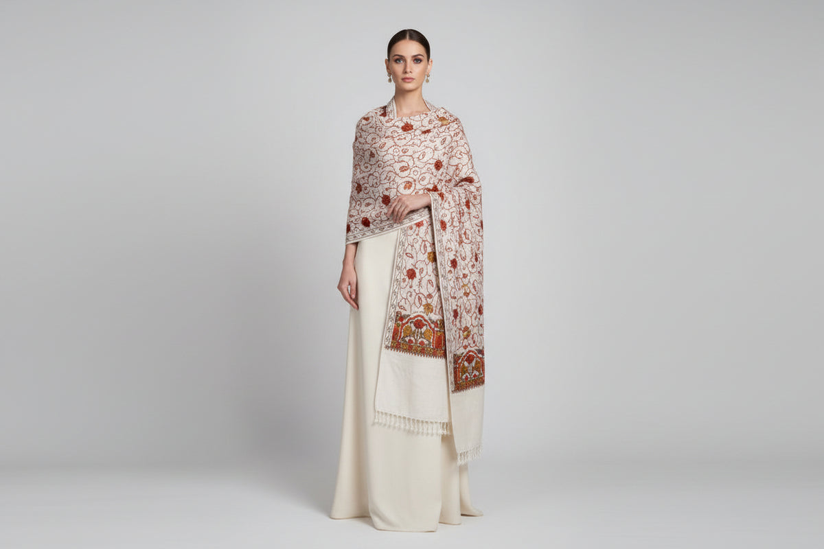 A beige base colour shawl Close-up of a Kashmiri embroidered pashmina scarf featuring geometric and floral patterns primarily in pink and green colours with a gold border.