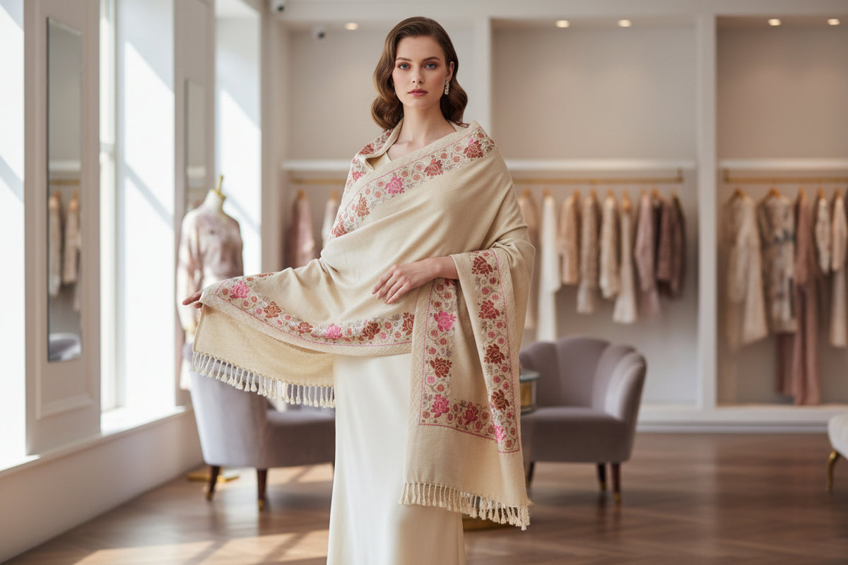 A beige shawl with floral patterns draped over a mannequin next to a black handbag on a small table against a marble wall.