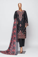 A black three-piece ethnic suit set displayed on a mannequin, featuring a long kurta with red and gold embroidery, black pants, and a matching sheer dupatta with a red floral pattern.