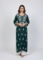 A bottle green colour 46 inches long modal fabric Chikankari kurti with white Ghass Patti embroidery