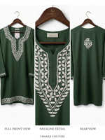 A bottle green tunic top shown from three views: full front, neckline detail, and rear. The tunic features white embroidered patterns around the V-neckline and hem.
