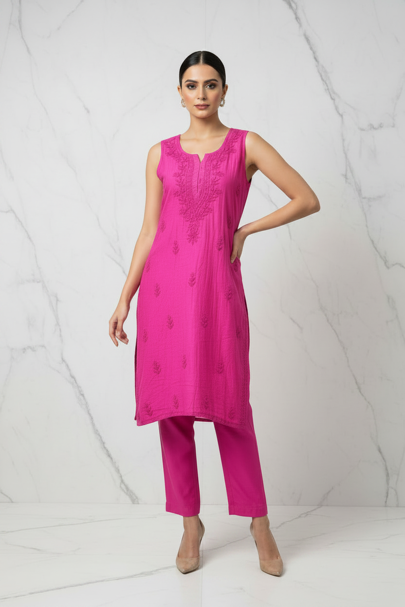 A woman modeling a bright pink kurta and matching trouser set against a white marble-patterned studio backdrop.