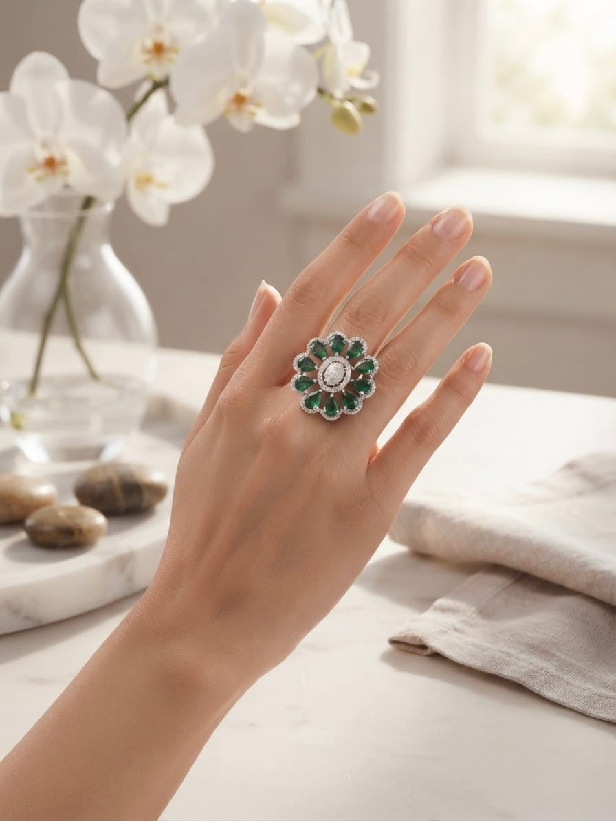 A close-up lifestyle shot of a hand wearing a flower-shaped ring with green stones and a central clear gemstone, set against a soft-focus background with white orchids and neutral linens.