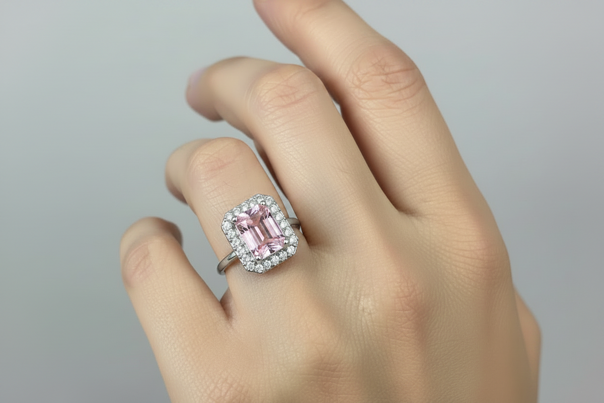 A close-up of a hand wearing a silver ring featuring a large rectangular pink gemstone surrounded by a halo of small clear stones.