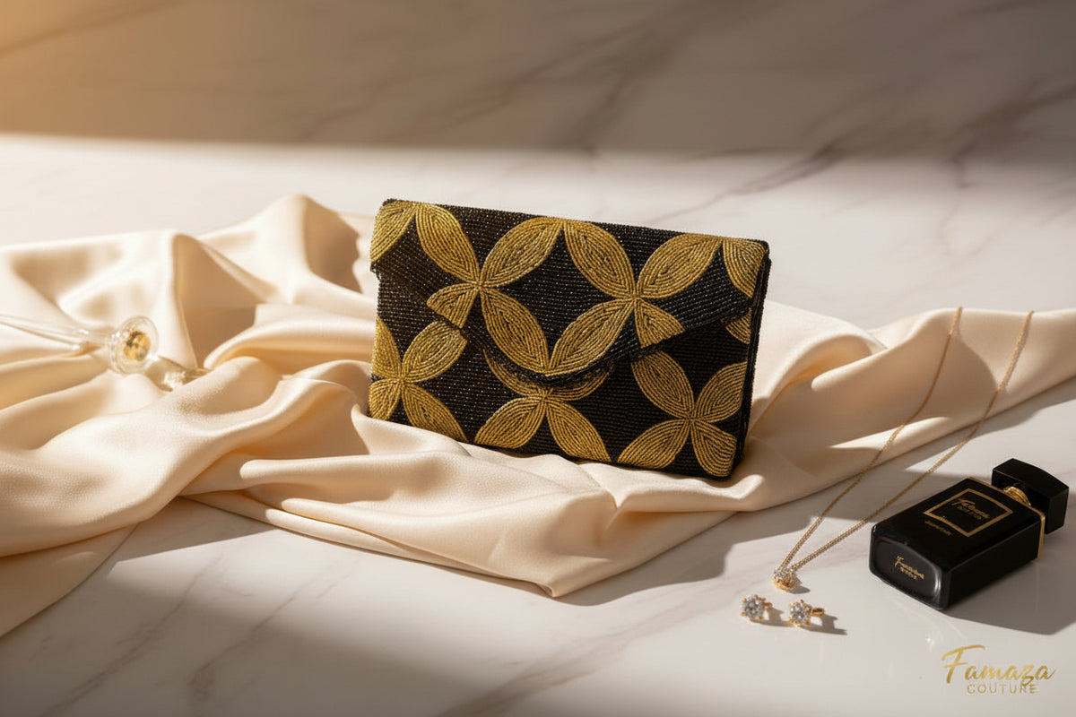 A clutch bag with a geometric pattern of gold and black stars on a dark background, placed on a wooden surface, with a few green leaves scattered around.
