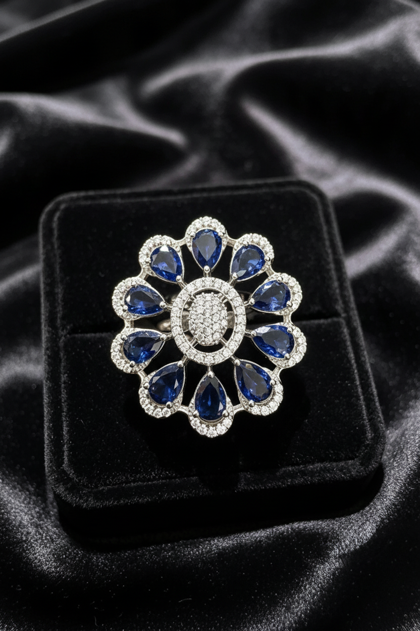 A floral-shaped silver ring with deep blue teardrop gemstones and a central oval cluster of small clear stones, displayed on a black velvet jewelry box over black satin fabric.
