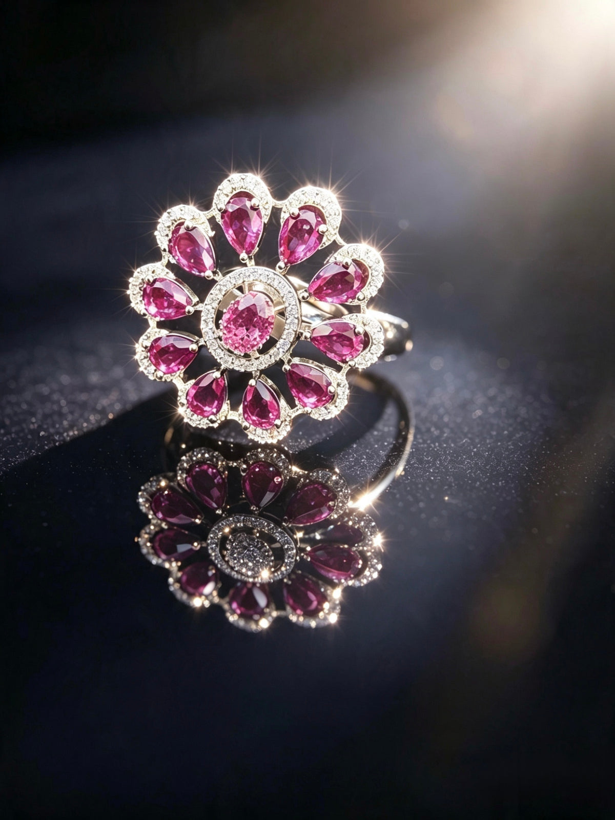 A floral ring featuring pink gemstones and clear accent stones in a silver-toned setting, displayed on a dark reflective surface with a mirrored reflection.