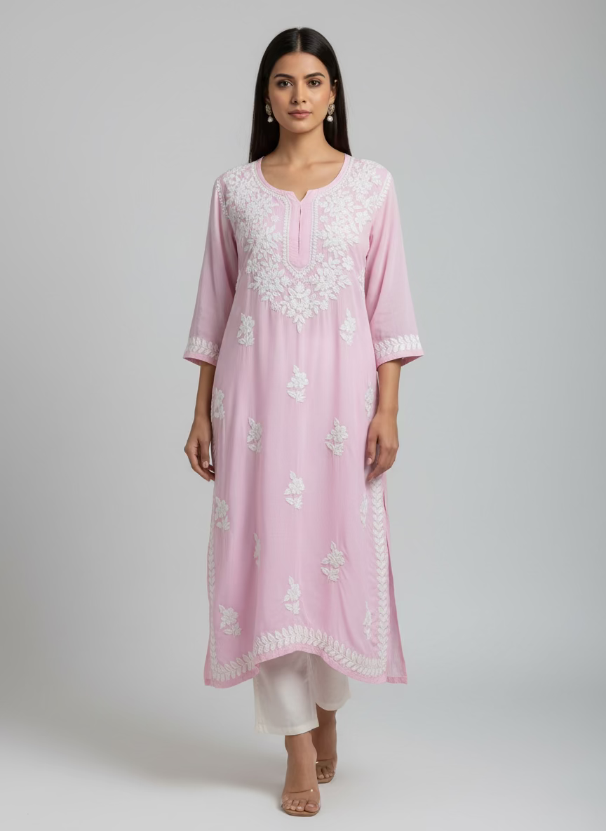 A fully embroidered baby pink colour modal fabric kurti with floral Ghass Patti hand embroidery and a full border on display.