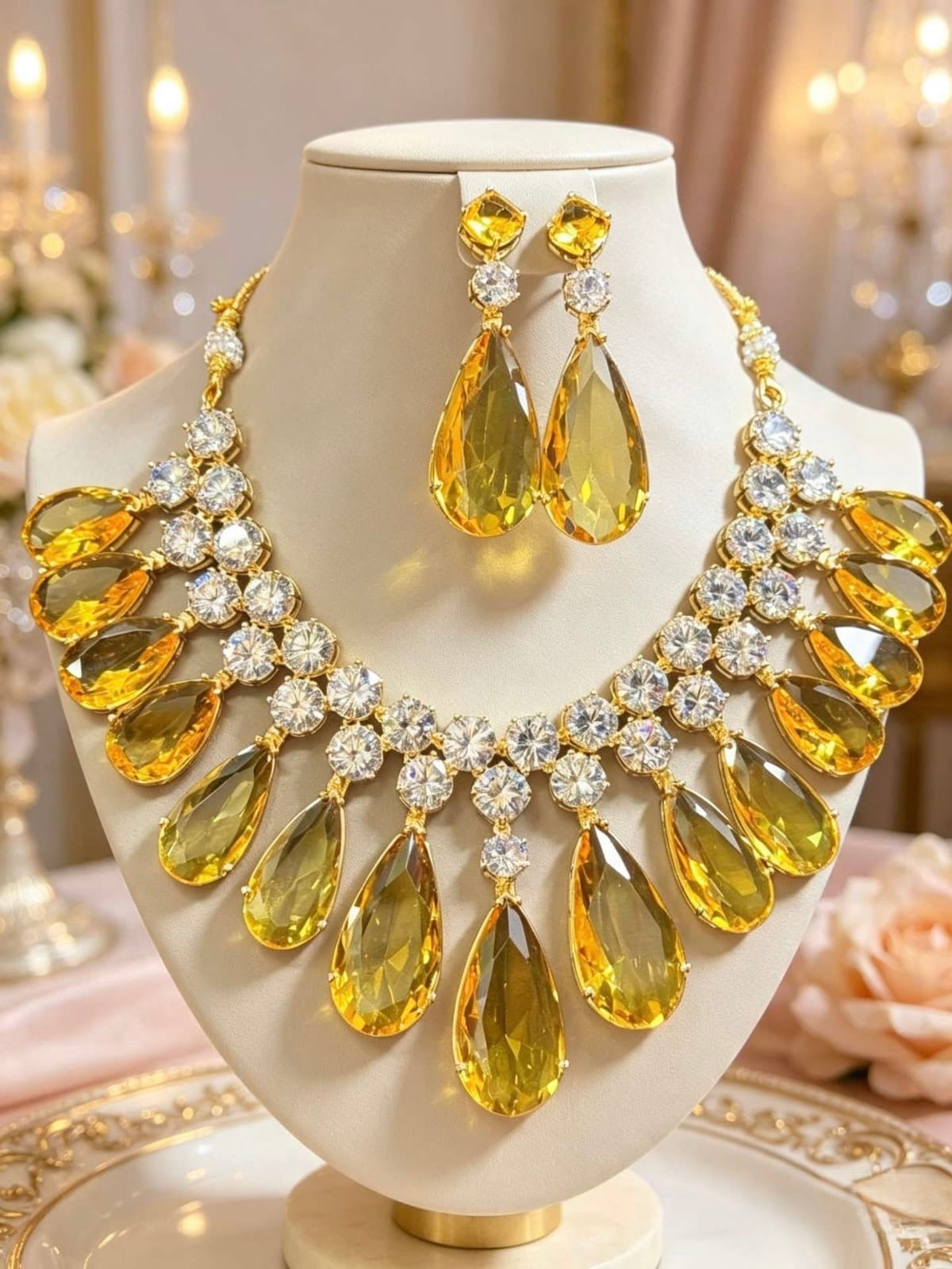 A gold-tone jewellery set featuring a bib-style necklace and matching drop earrings with large yellow teardrop gemstones and clear rhinestone accents, displayed on a cream jewellery bust against a softly blurred warm indoor background.