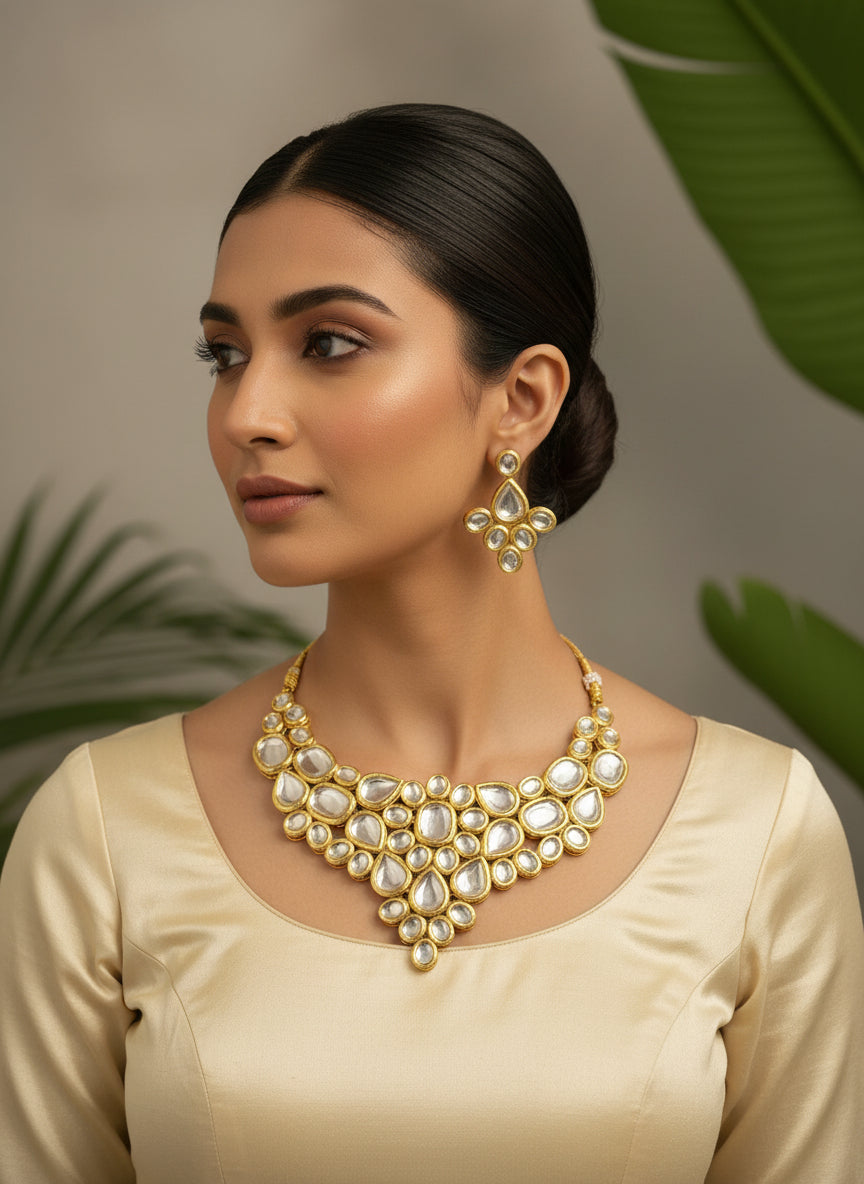 A gold-toned Drop & Oval Kundan Necklace set with matching earrings displayed on a stand, featuring Polki Kundan craftsmanship and Meenakari detailing by famaza couture