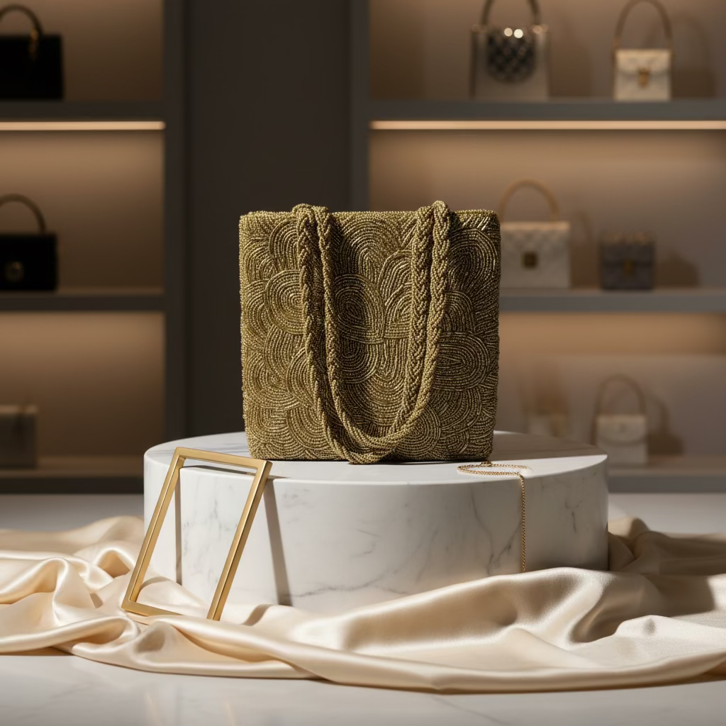 A gold circular handcrafted tote bag with glass beads embroidered on it, displayed against a dark background.