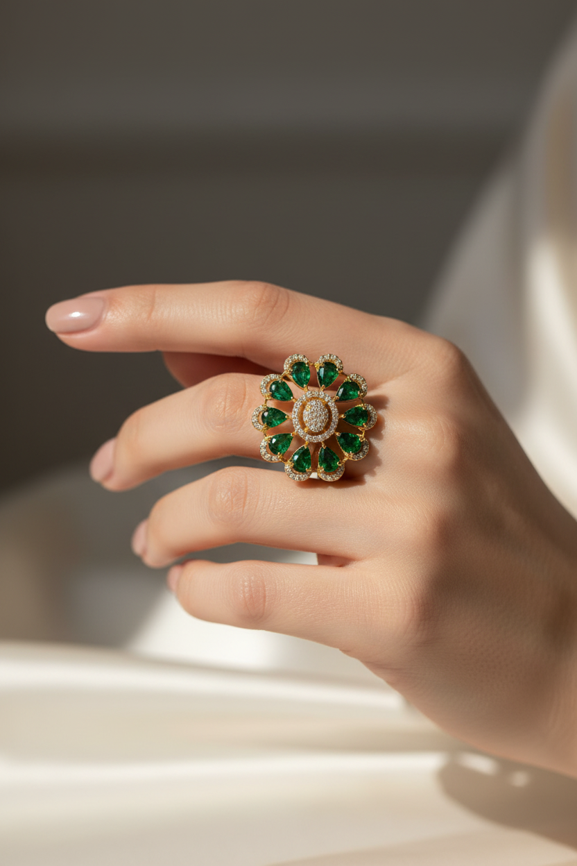 A close-up of a hand wearing a large floral ring with green emerald-cut stones and a gold-toned setting with small clear stones, photographed against a soft neutral background.
