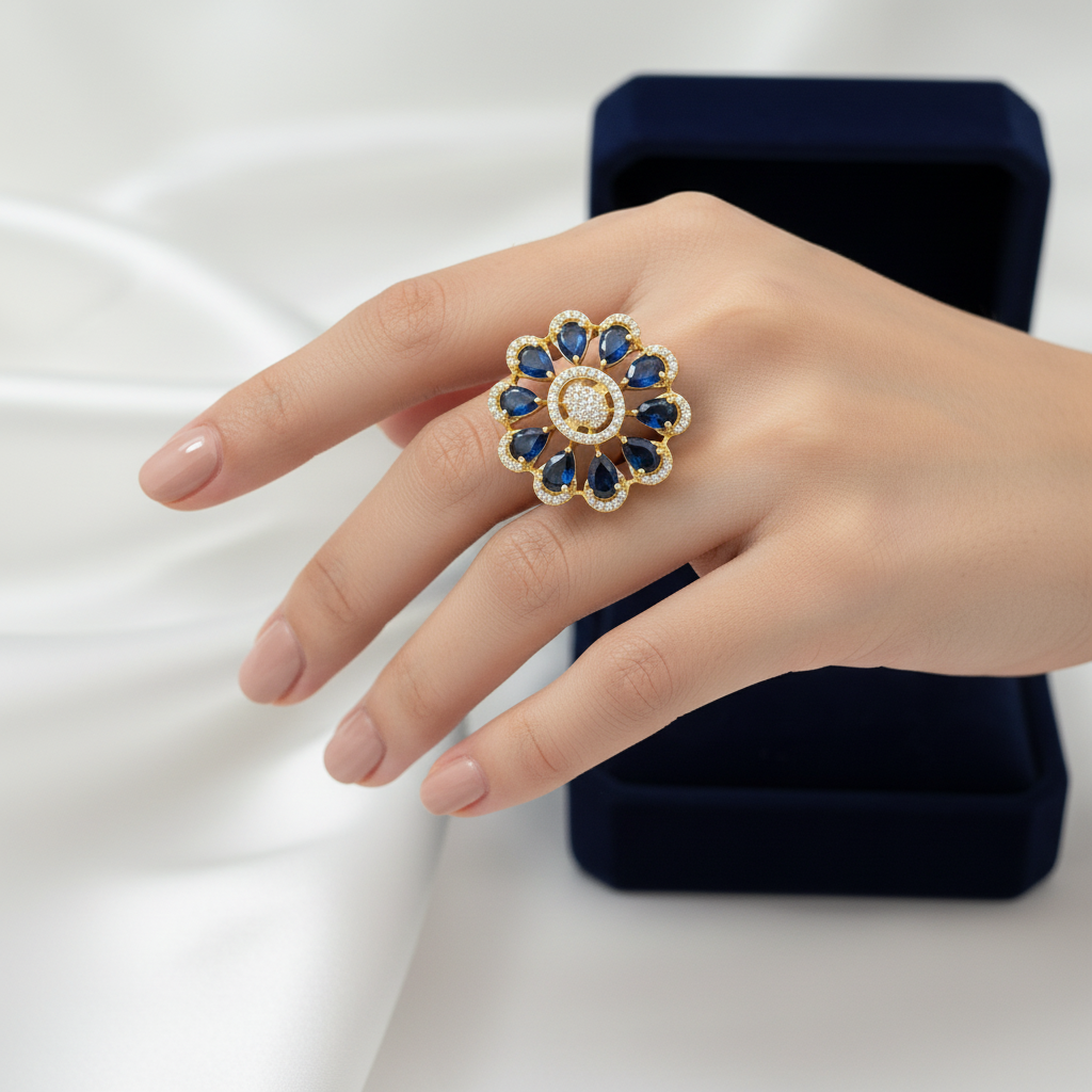A gold flower-shaped ring with blue gemstones and a central clear stone, worn on a hand. A dark blue velvet ring box is visible in the background against a white draped fabric.