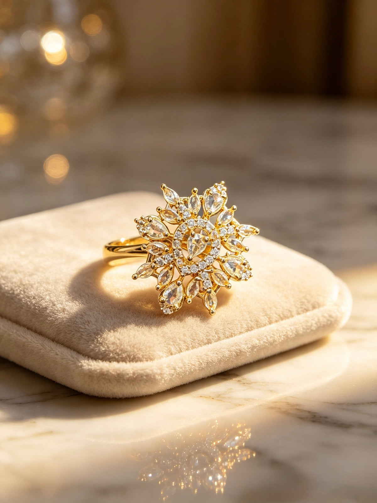 A gold ring with a large floral cluster of clear marquise and round-cut stones, displayed on a beige velvet jewelry cushion over a marble surface with warm golden bokeh in the background.