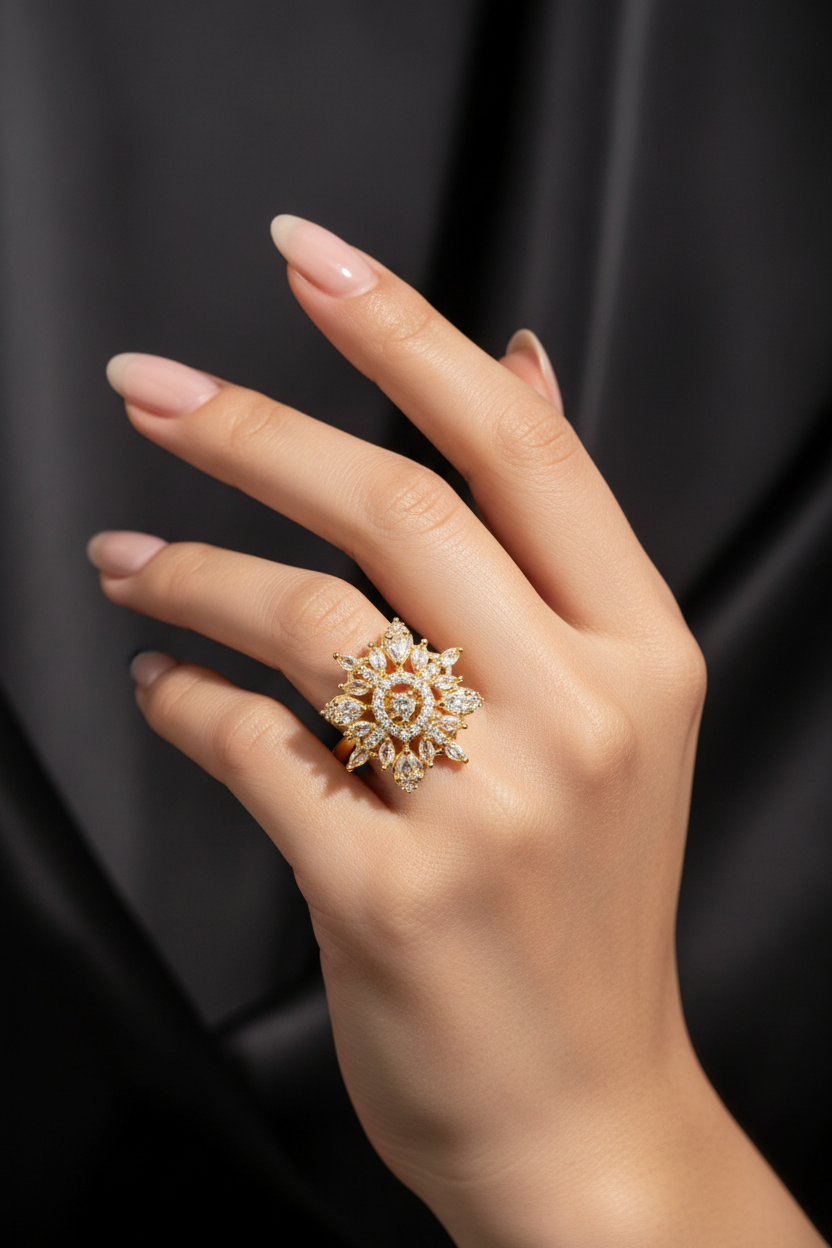 A close-up of a hand wearing an ornate gold ring with clear gemstones, set against a dark, draped fabric background.