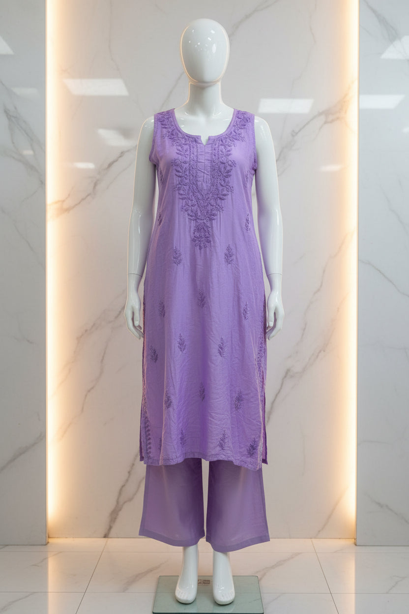 A lavender purple chanderi fabric sleeveless embroidered kurta hanging on a white hanger with matching straight trousers displayed for Famaza Couture