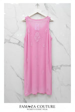 A light pink sleeveless sheer mesh viscose kurtirear view is displayed for Famaza Couture website purpose.