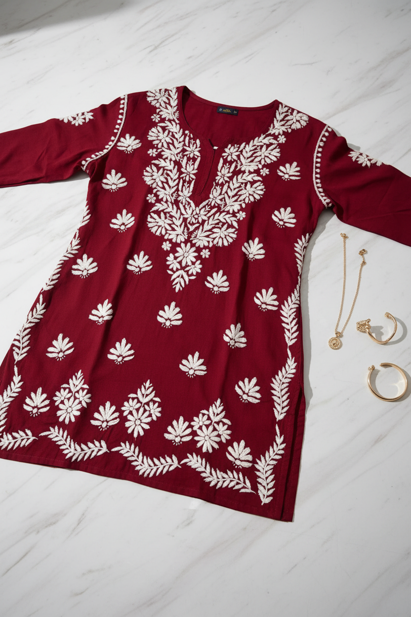 A long-sleeve maroon tunic top with white floral and leaf embroidery, hanging on a wooden hanger against a plain white background.