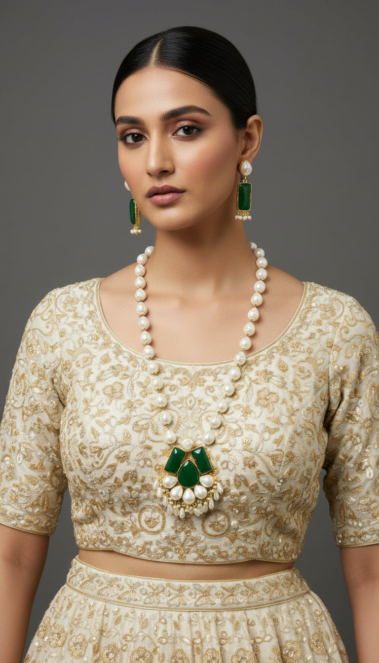 A luxury Bollywood style Mala Set featuring white beads, pearls, and bottle green stones inclusions, displayed on a mannequin bust. Party wear set.