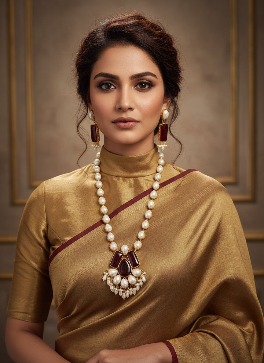 A luxury Bollywood style Mala Set featuring white beads, pearls, and maroon stones inclusions, displayed on a mannequin bust. Party wear mala set.