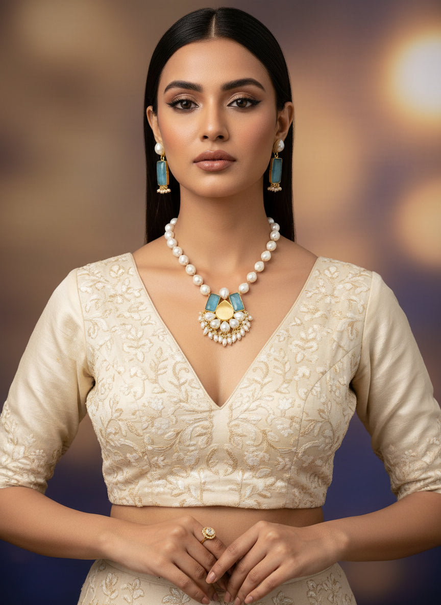 A luxury Bollywood style Mala Set featuring white beads, pearls, and ocean blue and yellow stone inclusions, displayed on a mannequin bust. Party wear set.