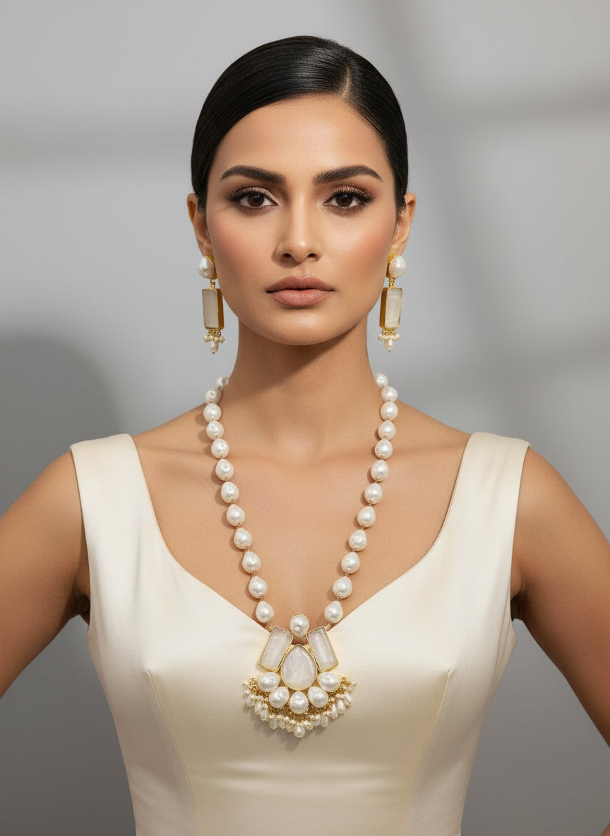 A luxury Bollywood style Mala Set featuring white beads, pearls, and stone inclusions, displayed on a mannequin bust.